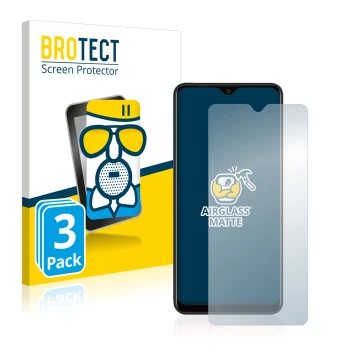 Front side of a product packaging with the brand logo BROTECT. Next to it is the device Blackview A80 Plus shown with the corr