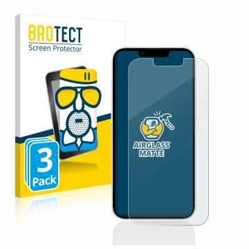 Front side of a product packaging with the brand logo BROTECT. Next to it is the device Apple iPhone 13 shown with the corresp