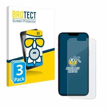 Front side of a product packaging with the brand logo BROTECT. Next to it is the device Apple iPhone 13 Pro Max shown with the