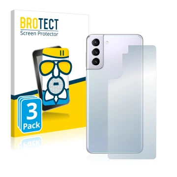 Front side of a product packaging with the brand logo BROTECT. Next to it is the device Samsung Galaxy S21 (Back) shown with t