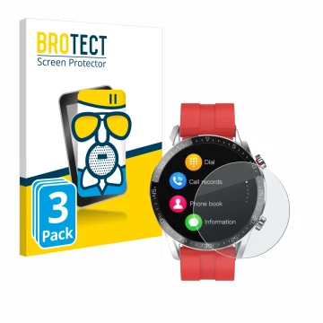 Front side of a product packaging with the brand logo BROTECT. Next to it is the device Gentleman Smartwatch shown with the co