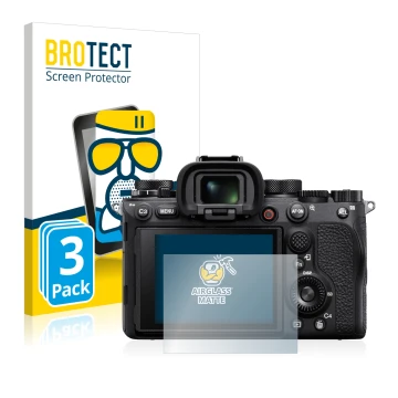Front side of a product packaging with the brand logo BROTECT. Next to it is the device Sony Alpha 1 shown with the correspond