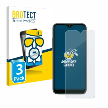 Front side of a product packaging with the brand logo BROTECT. Next to it is the device Samsung Galaxy A02 shown with the corr