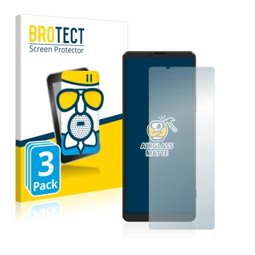 Front side of a product packaging with the brand logo BROTECT. Next to it is the device Sony Xperia 1 III shown with the corre