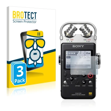 Front side of a product packaging with the brand logo BROTECT. Next to it is the device Sony PCM D100 shown with the correspon