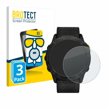 Front side of a product packaging with the brand logo BROTECT. Next to it is the device Garmin Enduro shown with the correspon