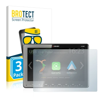 Front side of a product packaging with the brand logo BROTECT. Next to it is the device Zenec Z-N965 shown with the correspond