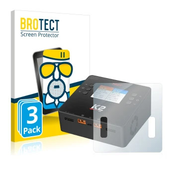 Front side of a product packaging with the brand logo BROTECT. Next to it is the device ISDT Smart Duo Charger K2 shown with t