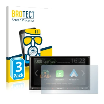 Front side of a product packaging with the brand logo BROTECT. Next to it is the device Zenec Z-N528 shown with the correspond