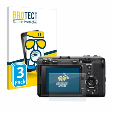 Front side of a product packaging with the brand logo BROTECT. Next to it is the device Sony FX3 shown with the corresponding 
