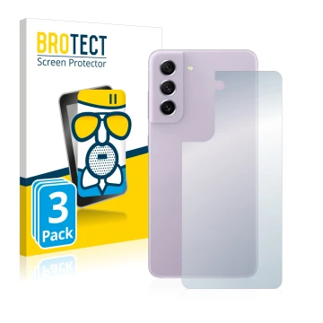 Front side of a product packaging with the brand logo BROTECT. Next to it is the device Samsung Galaxy S21 FE 5G (Back) shown 