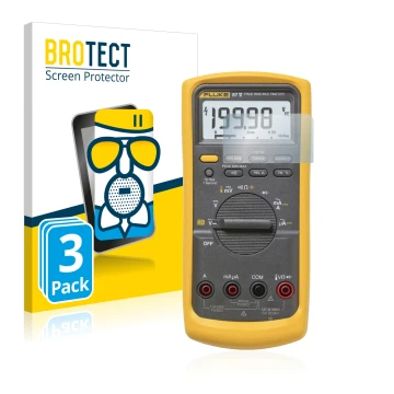 Front side of a product packaging with the brand logo BROTECT. Next to it is the device Fluke 87v shown with the corresponding