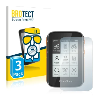 Front side of a product packaging with the brand logo BROTECT. Next to it is the device CooSpo BC200 shown with the correspond