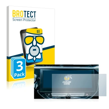 Front side of a product packaging with the brand logo BROTECT. Next to it is the device Opel Corsa-e 2020 Infotainment System 