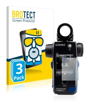 Front side of a product packaging with the brand logo BROTECT. Next to it is the device Sekonic L858D shown with the correspon