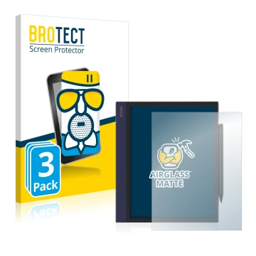 Front side of a product packaging with the brand logo BROTECT. Next to it is the device Boox Note Air shown with the correspon