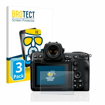 Front side of a product packaging with the brand logo BROTECT. Next to it is the device Nikon Z 8 shown with the corresponding