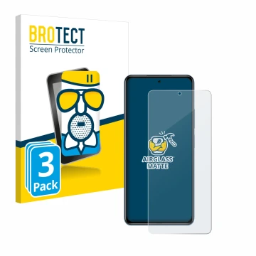 Front side of a product packaging with the brand logo BROTECT. Next to it is the device Xiaomi Poco F3 shown with the correspo