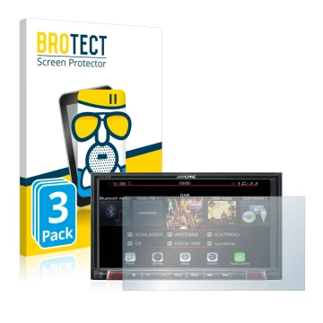 Front side of a product packaging with the brand logo BROTECT. Next to it is the device Alpine iLX-702D shown with the corresp