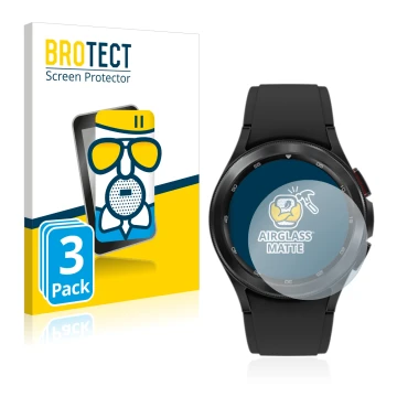 Front side of a product packaging with the brand logo BROTECT. Next to it is the device Samsung Galaxy Watch 4 Classic (42mm) 