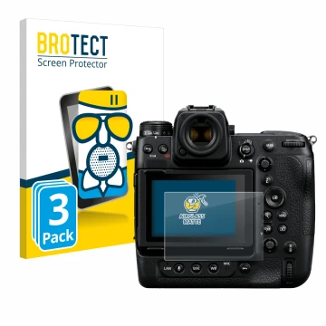 Front side of a product packaging with the brand logo BROTECT. Next to it is the device Nikon Z 9 shown with the corresponding
