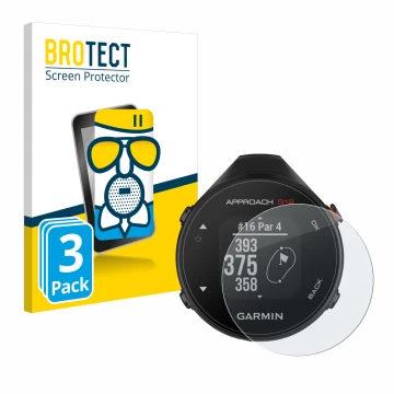 Front side of a product packaging with the brand logo BROTECT. Next to it is the device Garmin Approach G12 shown with the cor