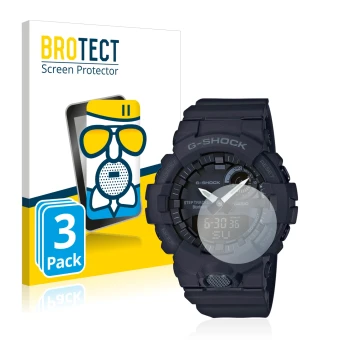Front side of a product packaging with the brand logo BROTECT. Next to it is the device Casio G-Shock GBA800 shown with the co