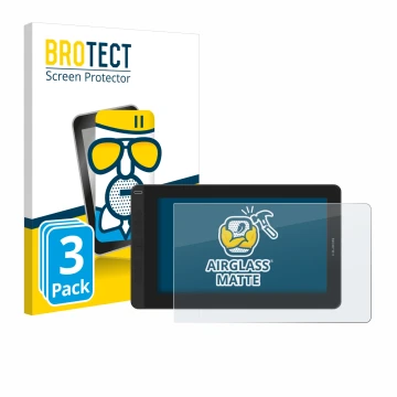 Front side of a product packaging with the brand logo BROTECT. Next to it is the device Huion Kamvas 13 shown with the corresp