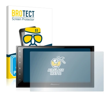 Front side of a product packaging with the brand logo BROTECT. Next to it is the device Pioneer SPH-DA250DAB shown with the co