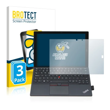 Front side of a product packaging with the brand logo BROTECT. Next to it is the device Lenovo ThinkPad X1 Tablet Gen 2 shown 