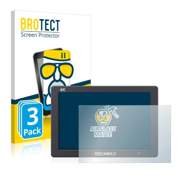 Front side of a product packaging with the brand logo BROTECT. Next to it is the device Feelworld FW279 7