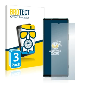 Front side of a product packaging with the brand logo BROTECT. Next to it is the device Sony Xperia 5 III shown with the corre