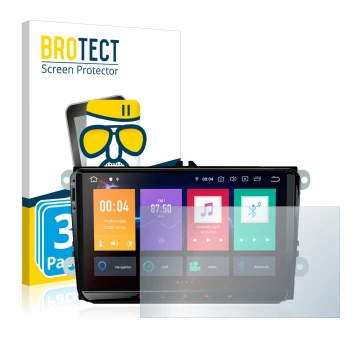 Front side of a product packaging with the brand logo BROTECT. Next to it is the device Xtrons PBE90MTVL shown with the corres