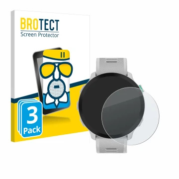 Front side of a product packaging with the brand logo BROTECT. Next to it is the device Garmin Forerunner 55 shown with the co