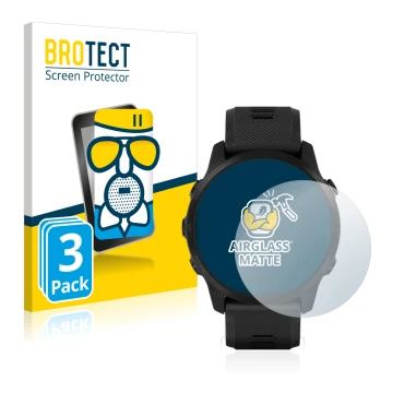 Front side of a product packaging with the brand logo BROTECT. Next to it is the device Garmin Forerunner 945 LTE shown with t