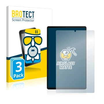Front side of a product packaging with the brand logo BROTECT. Next to it is the device Lenovo Tab M10 FHD Plus shown with the