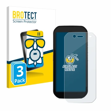 Front side of a product packaging with the brand logo BROTECT. Next to it is the device Caterpillar Cat S42 H+ shown with the 