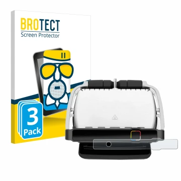 Front side of a product packaging with the brand logo BROTECT. Next to it is the device Tefal OptiGrill Elite shown with the c
