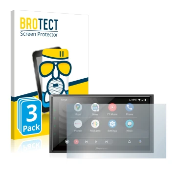 Front side of a product packaging with the brand logo BROTECT. Next to it is the device Pioneer SPH-EVO64DAB shown with the co