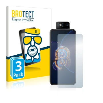 Front side of a product packaging with the brand logo BROTECT. Next to it is the device ASUS ZenFone 8 Flip shown with the cor