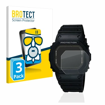 Front side of a product packaging with the brand logo BROTECT. Next to it is the device Casio G-Shock GW-5000-1JF shown with t