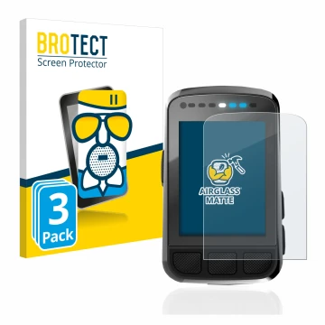 Front side of a product packaging with the brand logo BROTECT. Next to it is the device Wahoo Elemnt Bolt V2 GPS shown with th