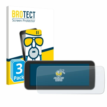 Front side of a product packaging with the brand logo BROTECT. Next to it is the device Fiat 500 E Uconnect 5 10