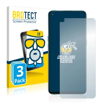 Front side of a product packaging with the brand logo BROTECT. Next to it is the device OnePlus Nord CE 5G shown with the corr