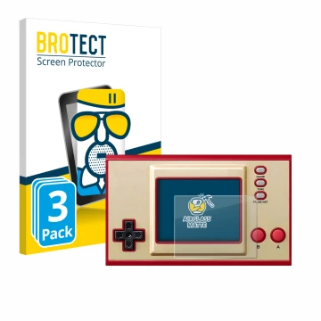 Front side of a product packaging with the brand logo BROTECT. Next to it is the device Nintendo Game & Watch Super Mario Bros