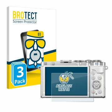Front side of a product packaging with the brand logo BROTECT. Next to it is the device Olympus PEN E-P7 shown with the corres