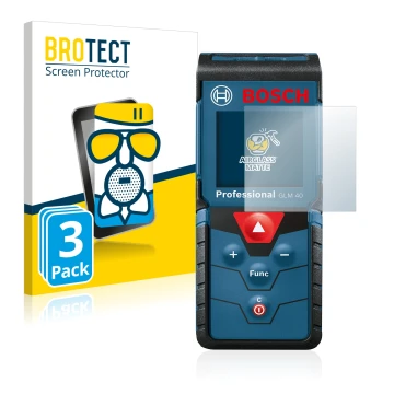 Front side of a product packaging with the brand logo BROTECT. Next to it is the device Bosch GLM 40 Professional shown with t