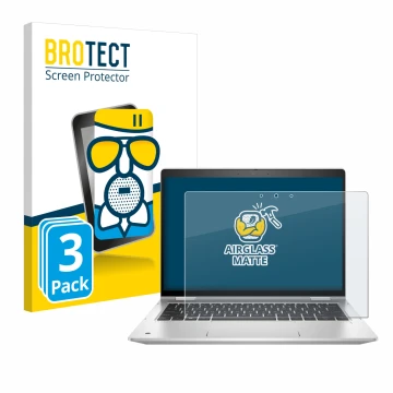 Front side of a product packaging with the brand logo BROTECT. Next to it is the device HP ProBook x360 435 G8 shown with the 