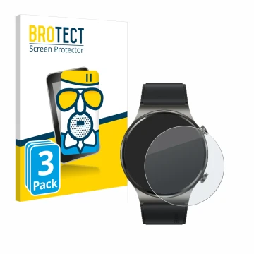 Front side of a product packaging with the brand logo BROTECT. Next to it is the device Huawei Watch GT 2 Pro ECG shown with t