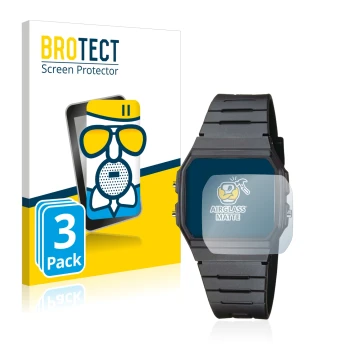 Front side of a product packaging with the brand logo BROTECT. Next to it is the device Casio Collection Unisex F-91W shown wi
